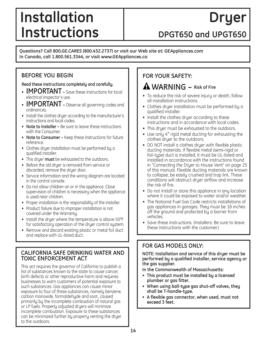 GE operating instructions DPGT650 and UPGT650, Before YOU Begin, For Your Safety, For GAS Models only 