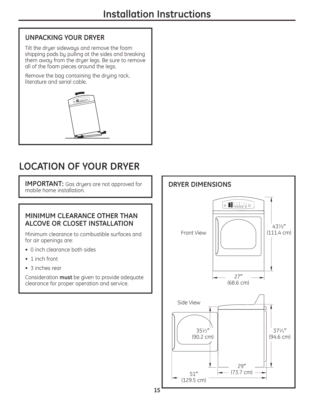 GE DPGT650, UPGT650 operating instructions Installation Instructions, Unpacking Your Dryer, Dryer Dimensions 