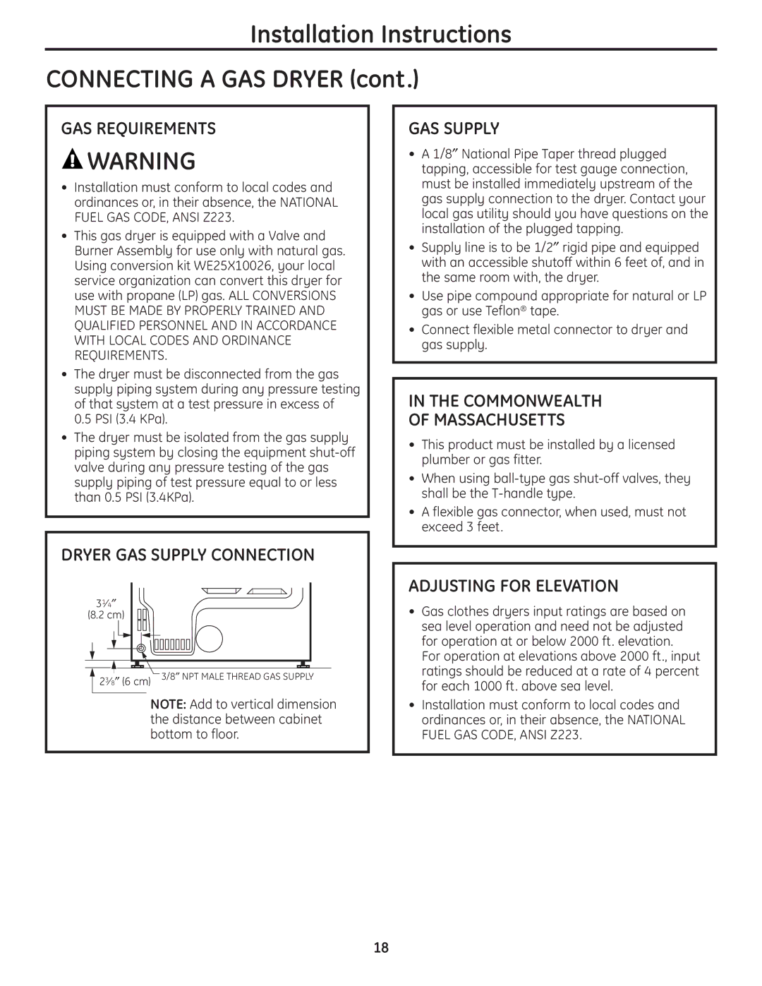 GE UPGT650, DPGT650 operating instructions Installation Instructions Connecting a GAS Dryer 