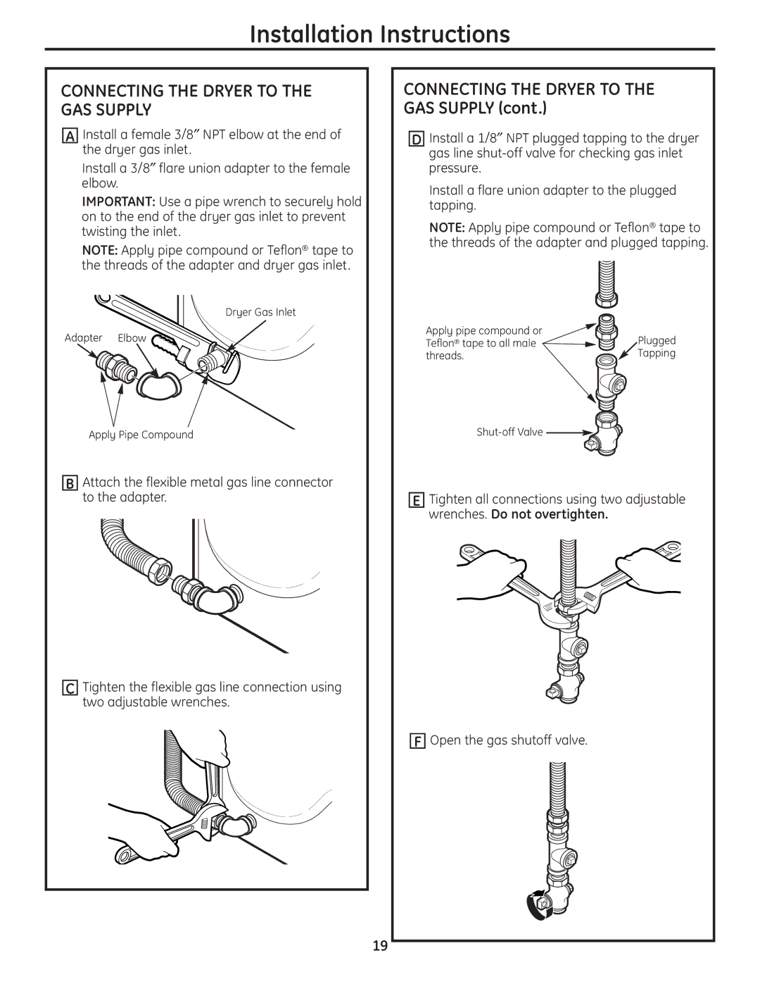 GE DPGT650, UPGT650 operating instructions Connecting the Dryer to the GAS Supply 