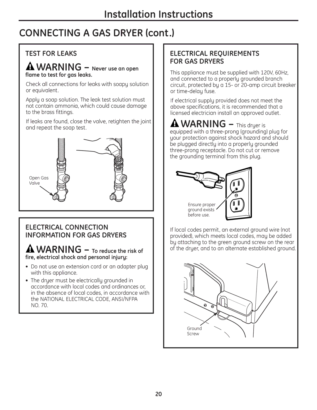 GE UPGT650, DPGT650 operating instructions Test for Leaks, Electrical Requirements For GAS Dryers 