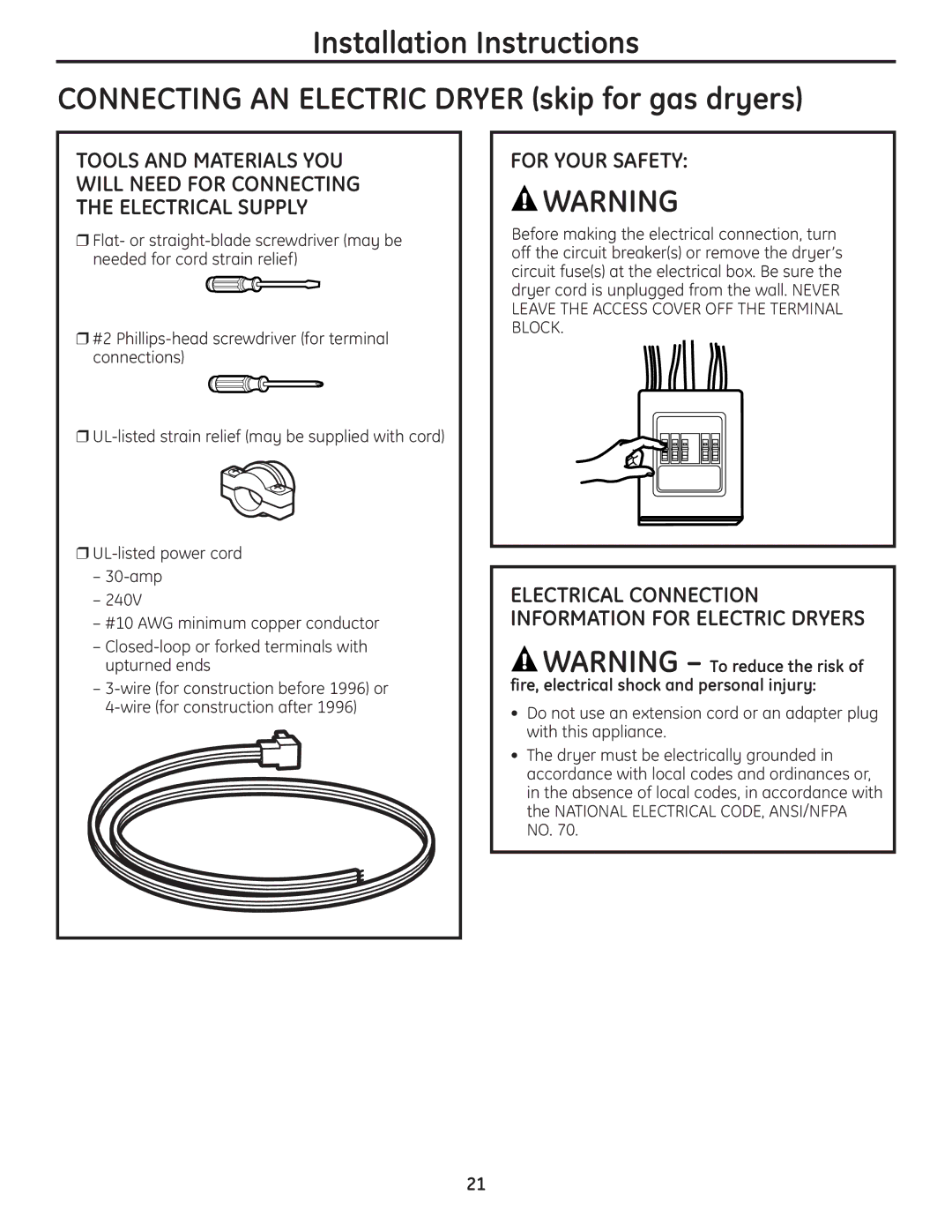 GE DPGT650, UPGT650 operating instructions Electrical Connection Information for Electric Dryers 