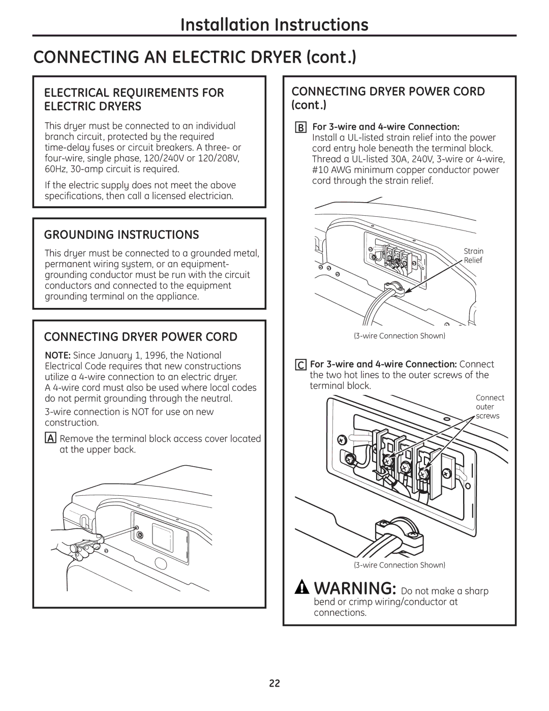 GE UPGT650 Installation Instructions Connecting AN Electric Dryer, Grounding Instructions, Connecting Dryer Power Cord 