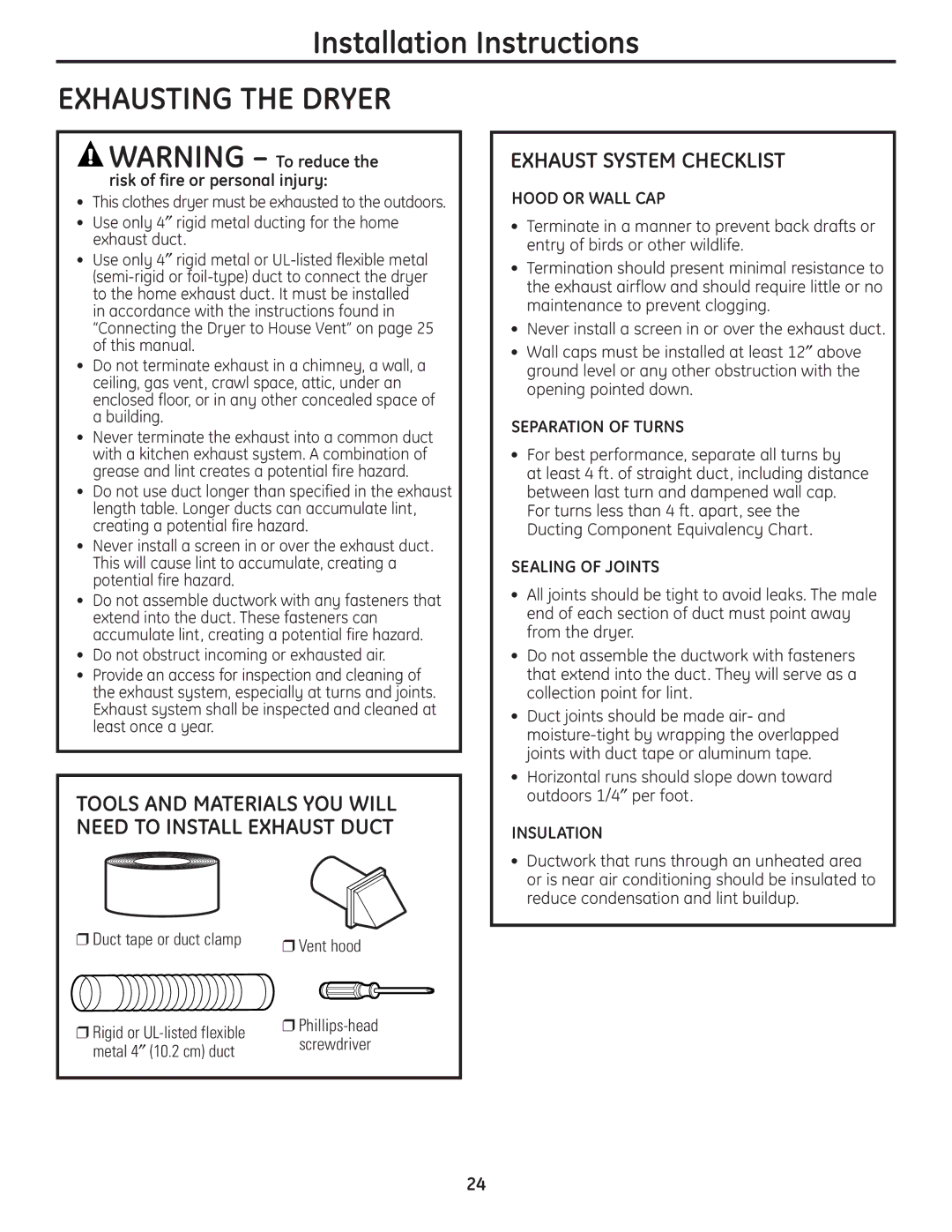 GE UPGT650, DPGT650 operating instructions Exhaust System Checklist, For best performance, separate all turns by, Vent hood 