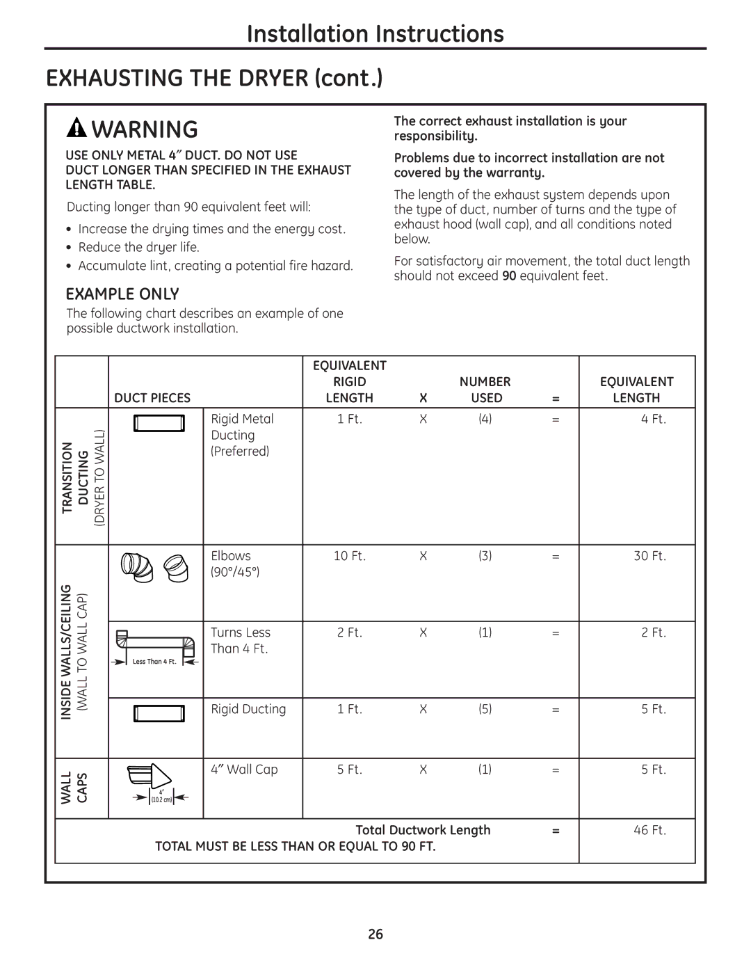 GE UPGT650, DPGT650 operating instructions Installation Instructions Exhausting the Dryer, Example only 