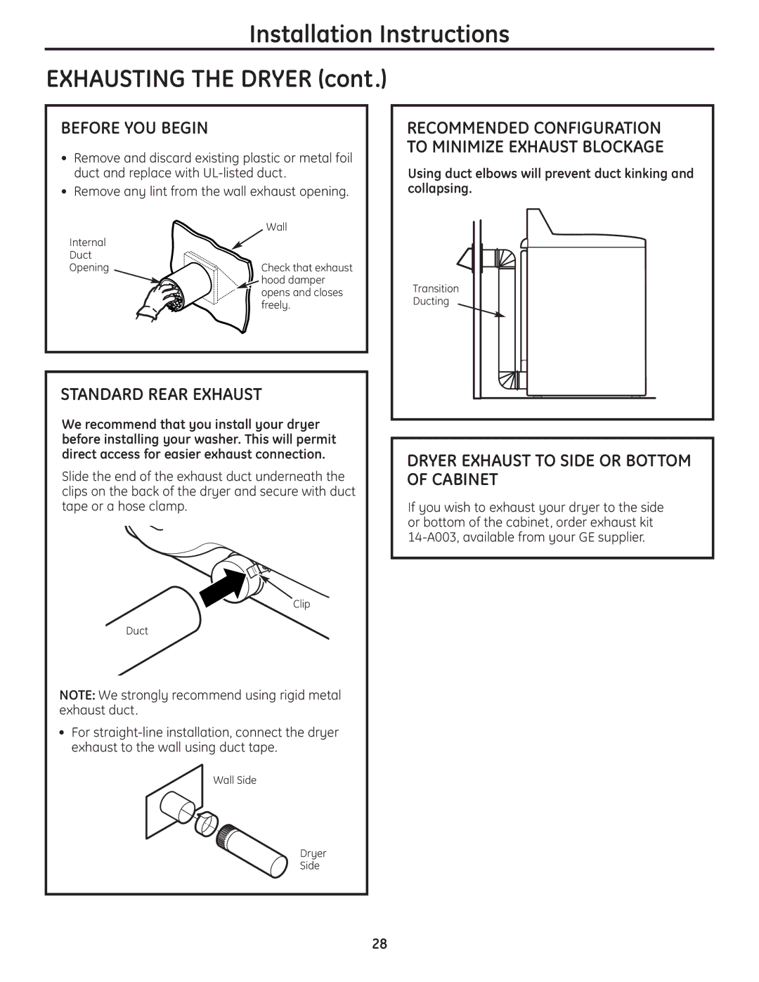 GE UPGT650, DPGT650 operating instructions Standard Rear Exhaust, Dryer Exhaust to Side or Bottom of Cabinet 