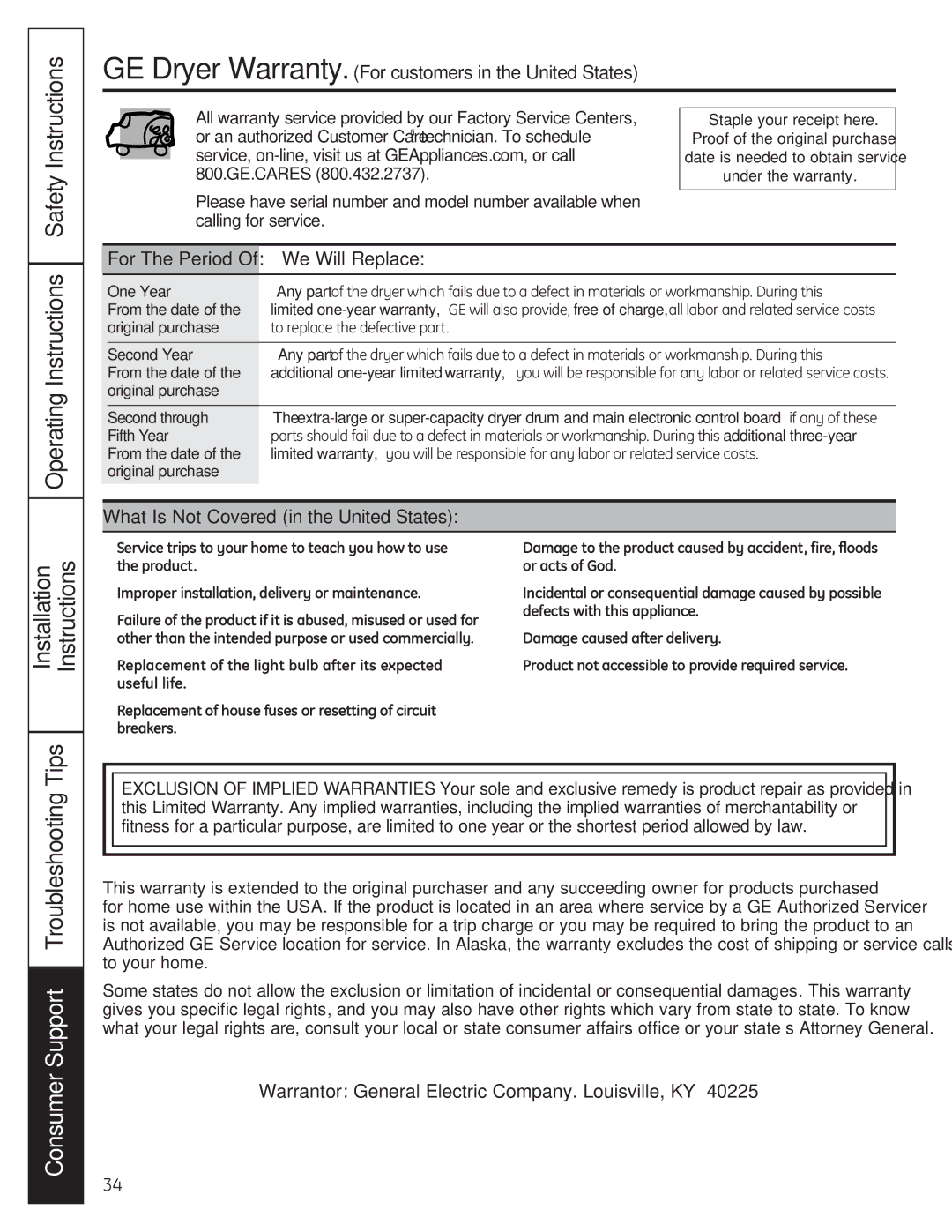 GE UPGT650, DPGT650 Operating Instructions Safety Instructions Installation, For The Period We Will Replace 