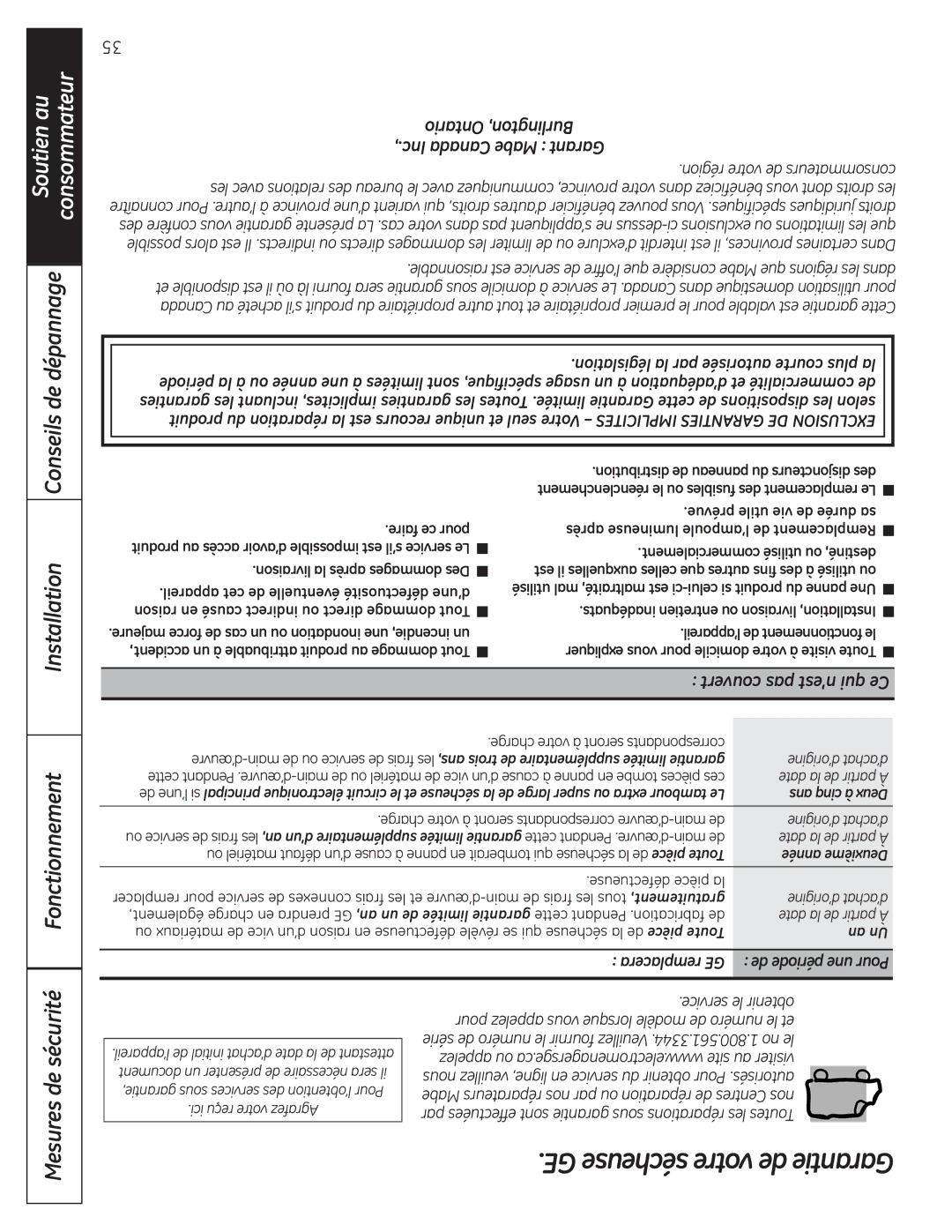 GE UPGT650, DPGT650 GEsécheusevotredeGarantie, Installation Fonctionnement, Ontario Burlington Inc Canada Mabe Garant 