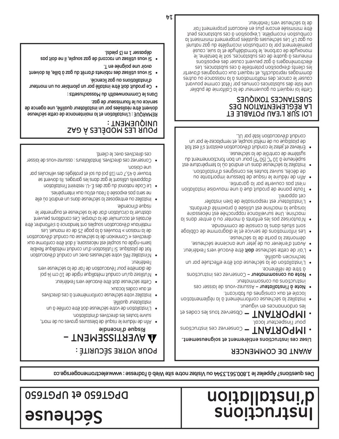 GE DPGT650, UPGT650 operating instructions GAZ À Modèles LES Pour, Sécurité Votre Pour, ’incendie Risque 