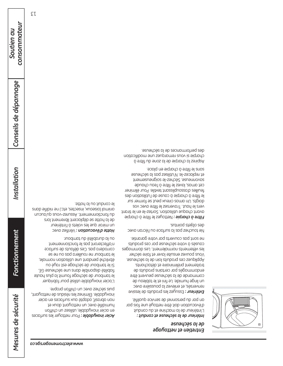 GE UPGT650, DPGT650 operating instructions Sécheuse la de nettoyage et Entretien 