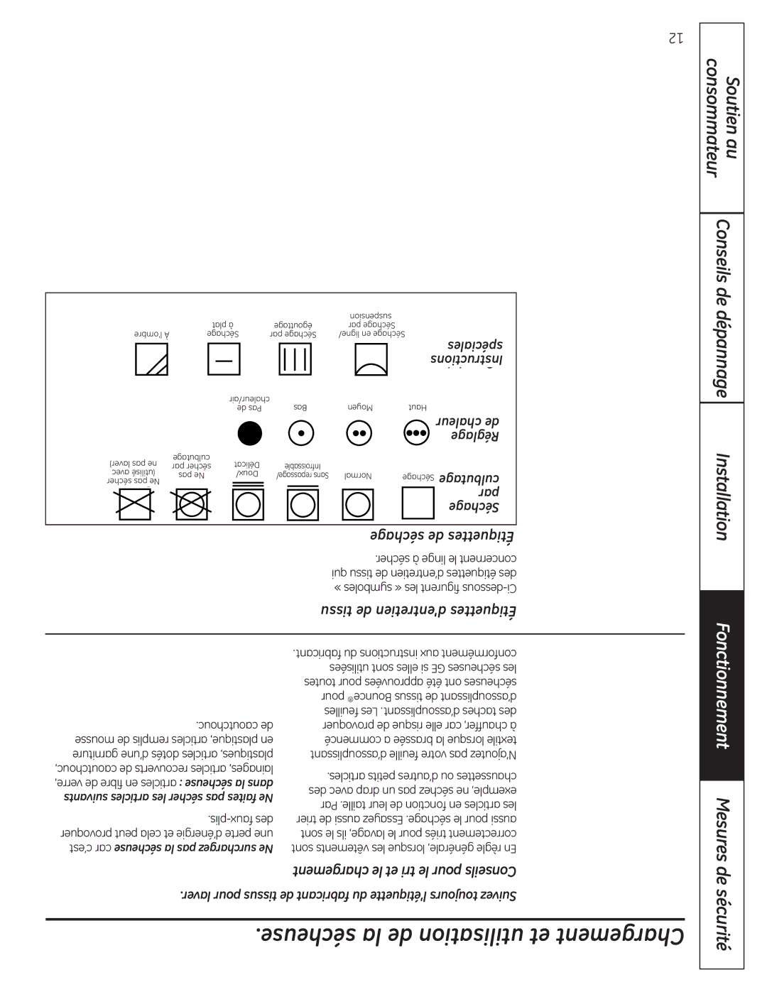 GE DPGT650, UPGT650 Sécheuse la de utilisation et Chargement, De sécurité, Tissu de d’entretien Étiquettes 