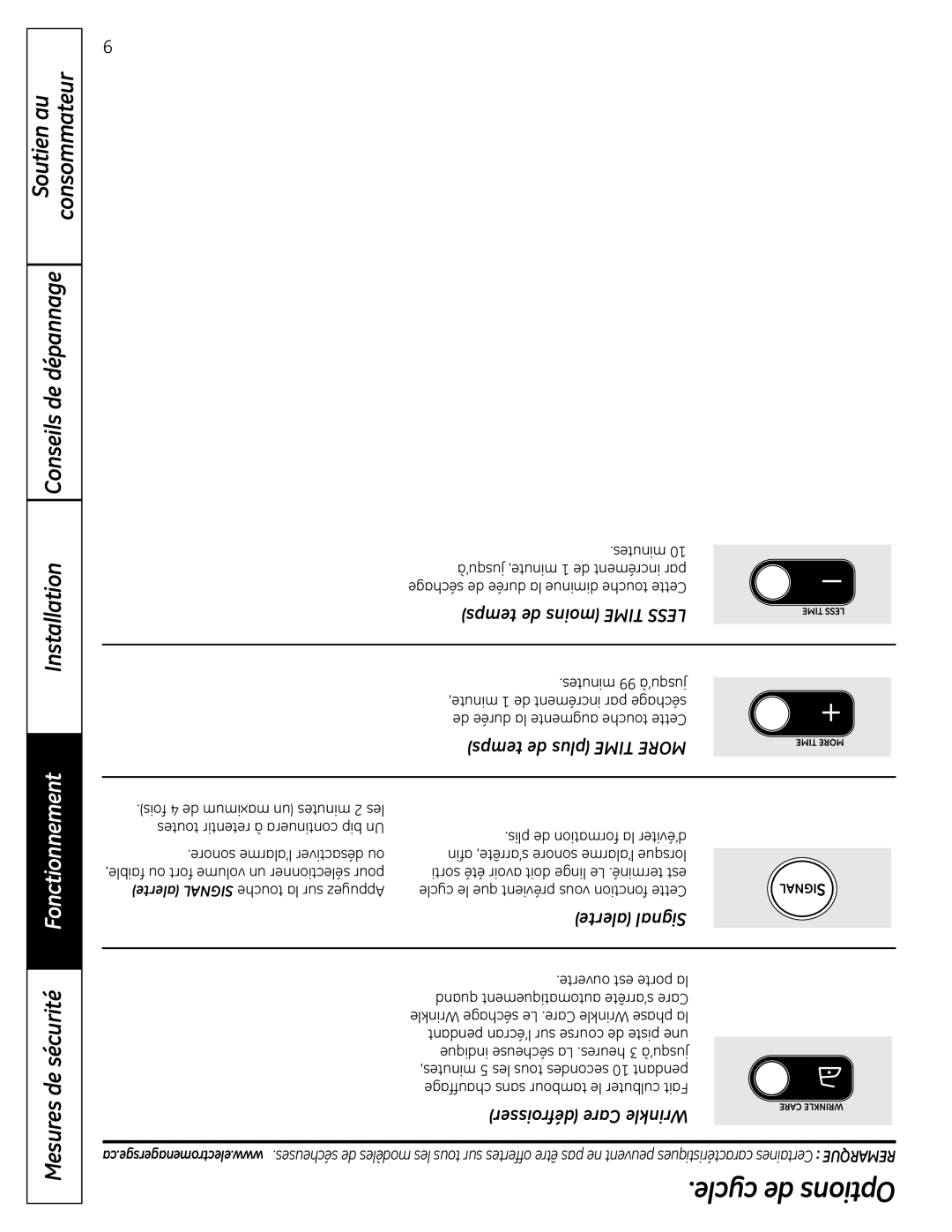 GE UPGT650, DPGT650 Alerte Signal, Défroisser Care Wrinkle, Ouverte est porte la, Quand automatiquement s’arrête Care 