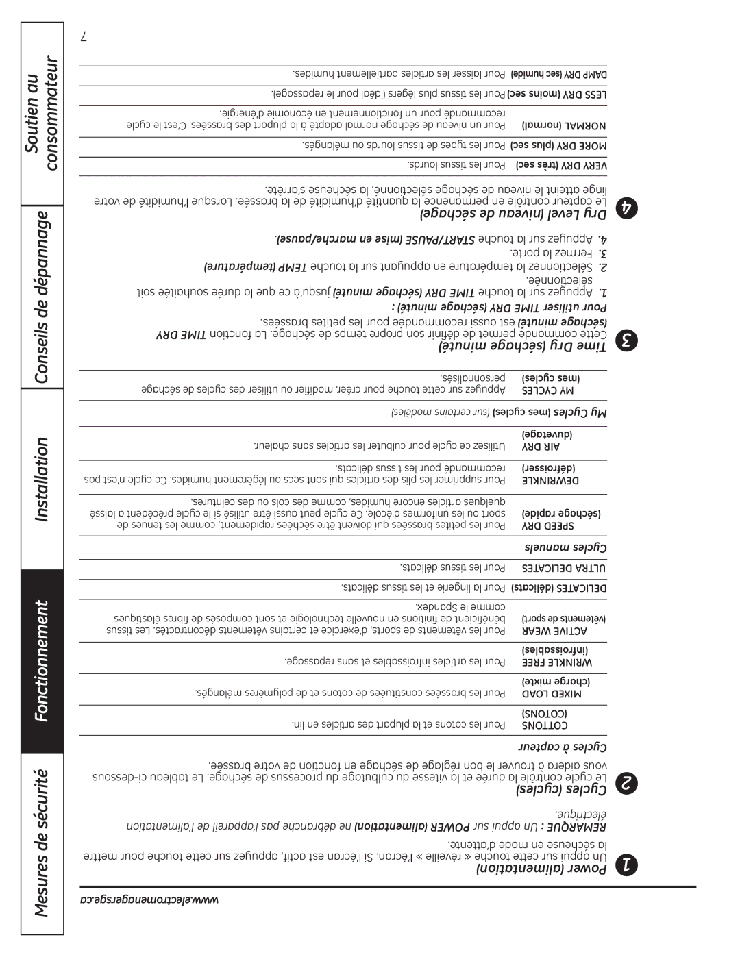 GE UPGT650, DPGT650 operating instructions Manuels Cycles, Capteur à Cycles, Électrique 