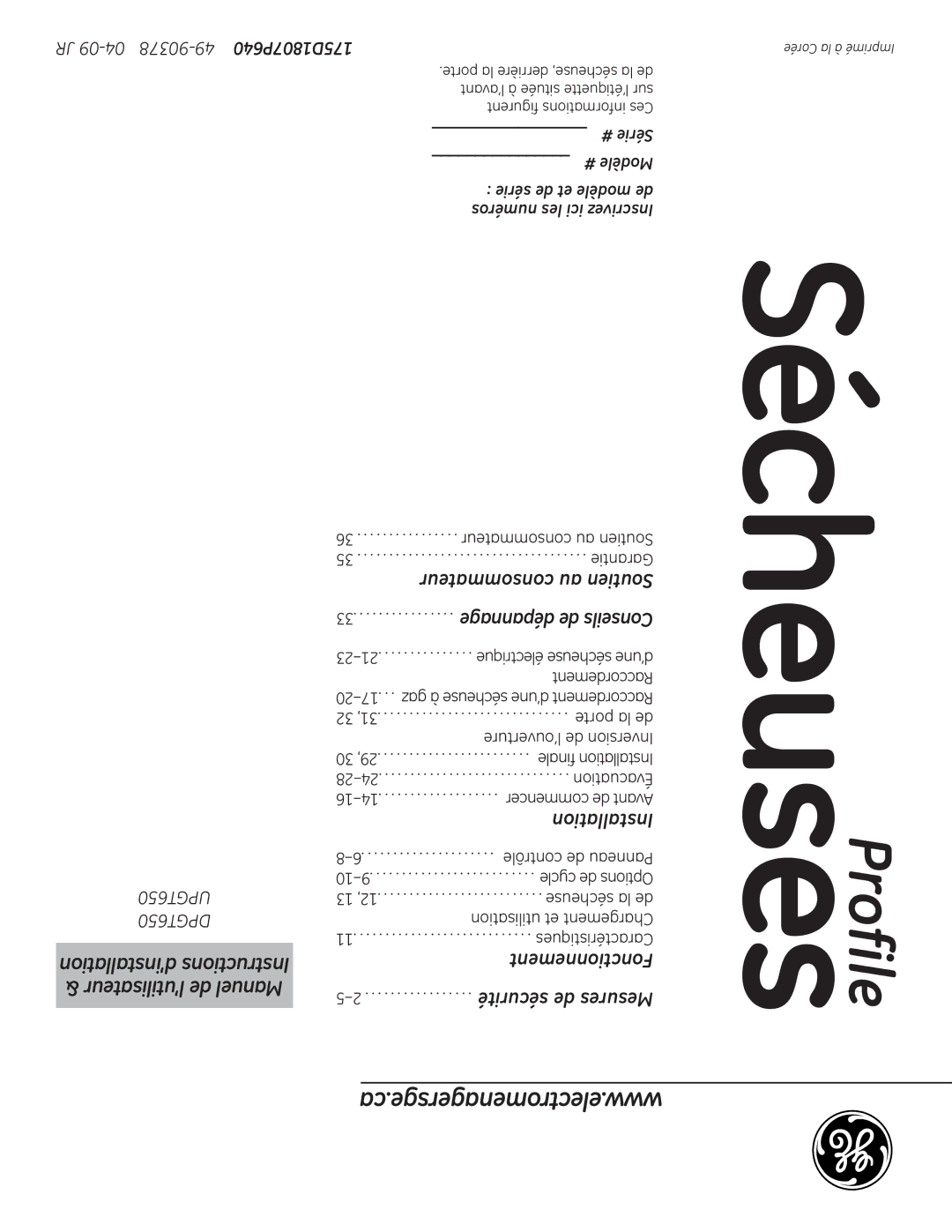 GE UPGT650, DPGT650 Consommateur au Soutien, # Série, Série de et modèle de, Numéros les ici Inscrivez 