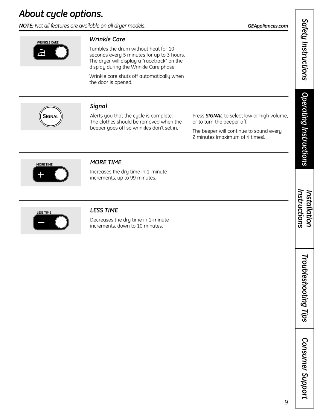 GE DPGT650, UPGT650 operating instructions About cycle options, Wrinkle Care, Signal, Alerts you that the cycle is complete 