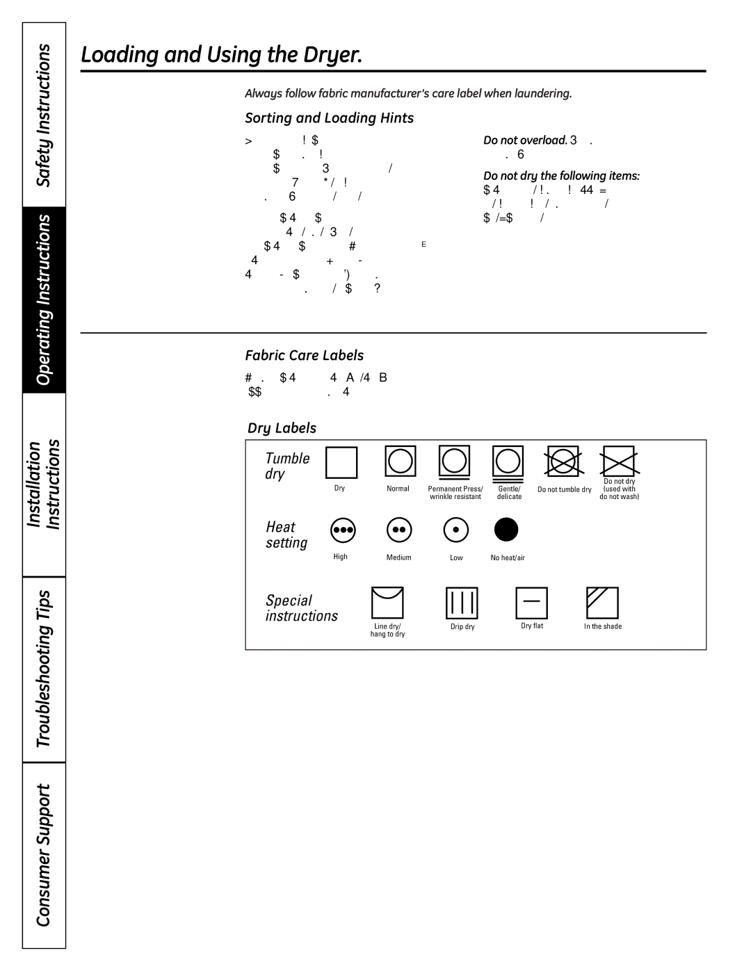 GE UPGT650 operating instructions Loading and Using the Dryer, Sorting and Loading Hints, Fabric Care Labels, Dry Labels 