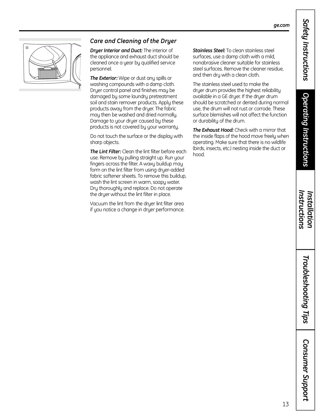 GE UPGT650 operating instructions Safety, Care and Cleaning of the Dryer 