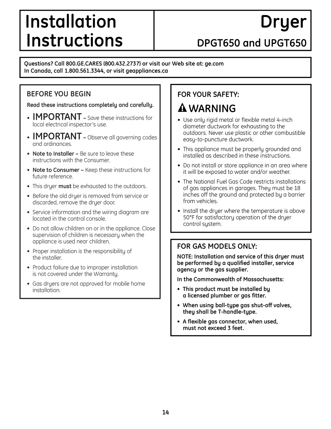 GE operating instructions DPGT650 and UPGT650, Before YOU Begin, For Your Safety, For GAS Models only 