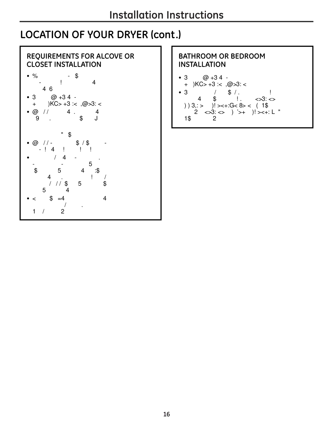 GE UPGT650 operating instructions Installation Instructions Location of Your Dryer, Bathroom or Bedroom Installation 