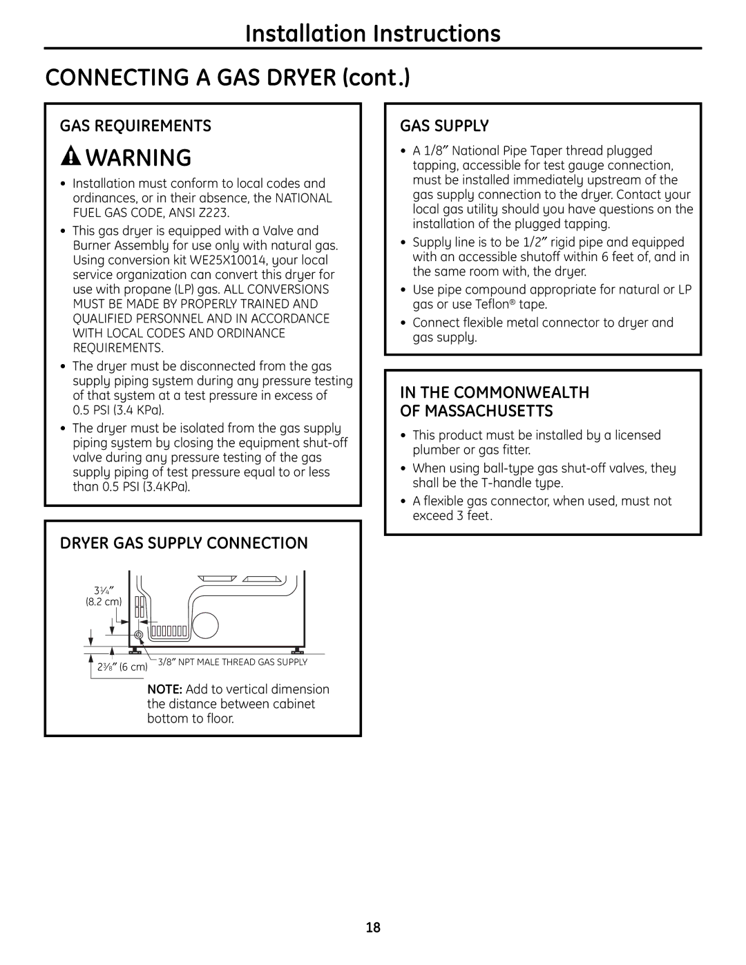 GE UPGT650 Installation Instructions Connecting a GAS Dryer, GAS Requirements, Dryer GAS Supply Connection 