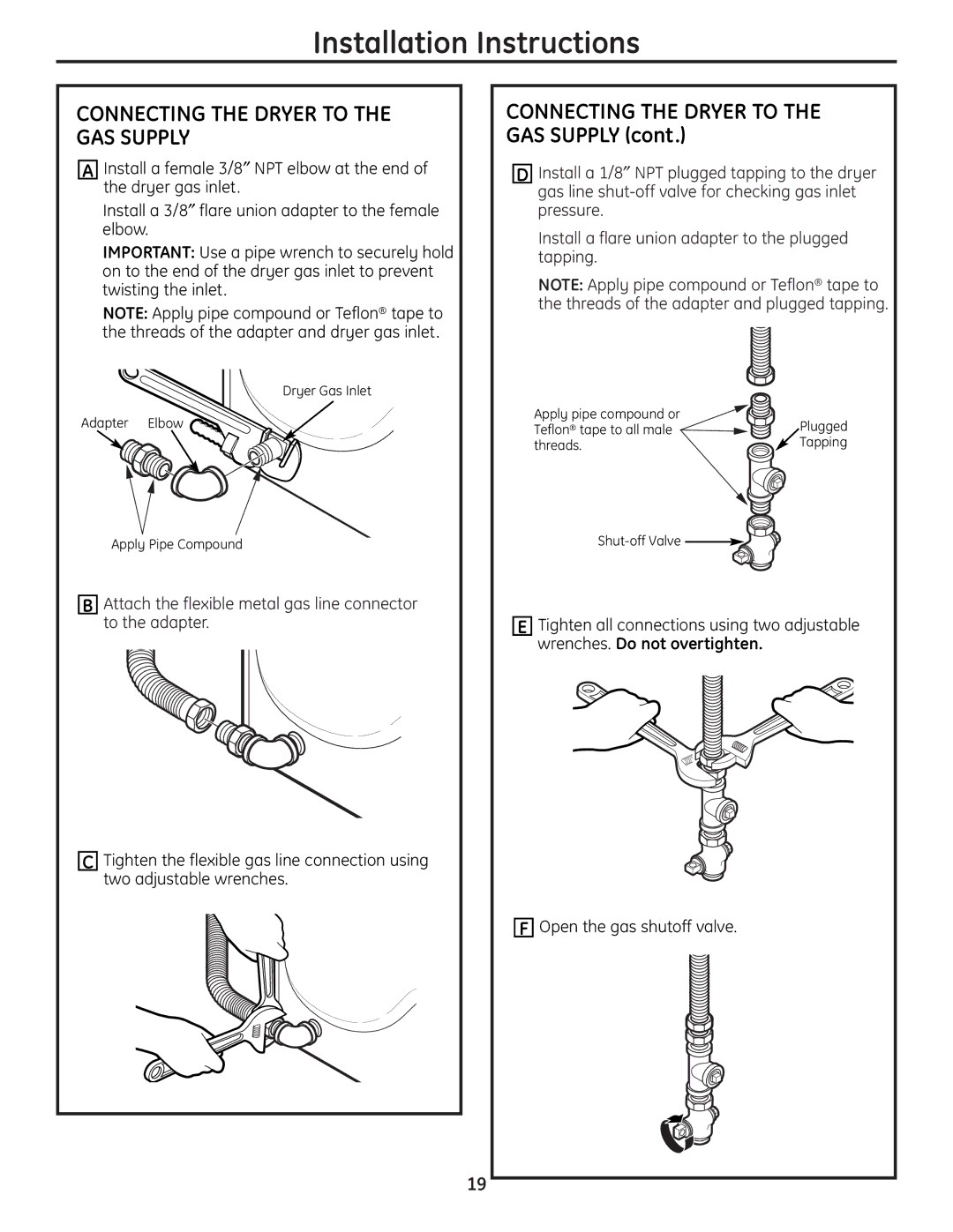 GE UPGT650 operating instructions Connecting the Dryer to the GAS Supply 