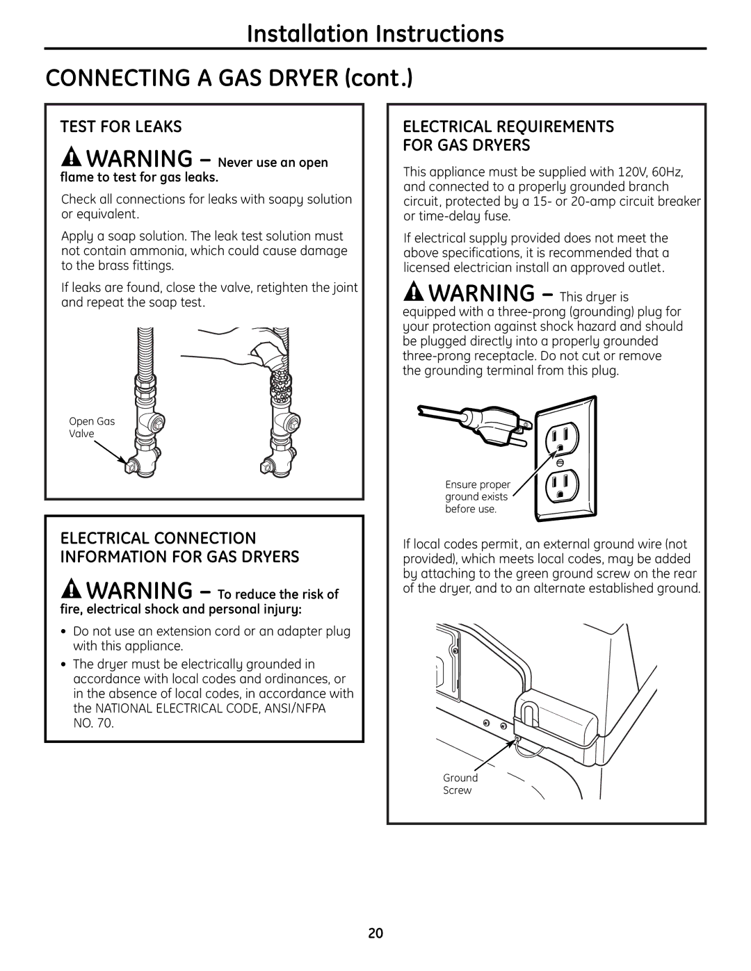 GE UPGT650 operating instructions Test for Leaks, Electrical Requirements For GAS Dryers 