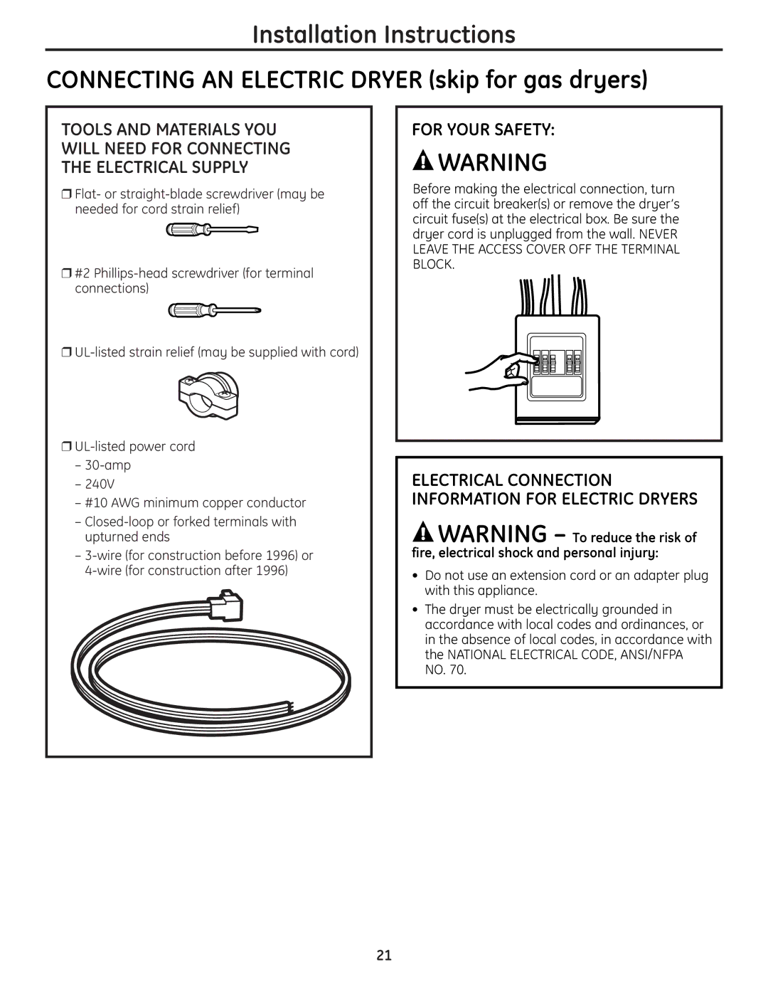 GE UPGT650 operating instructions Electrical Connection Information for Electric Dryers 