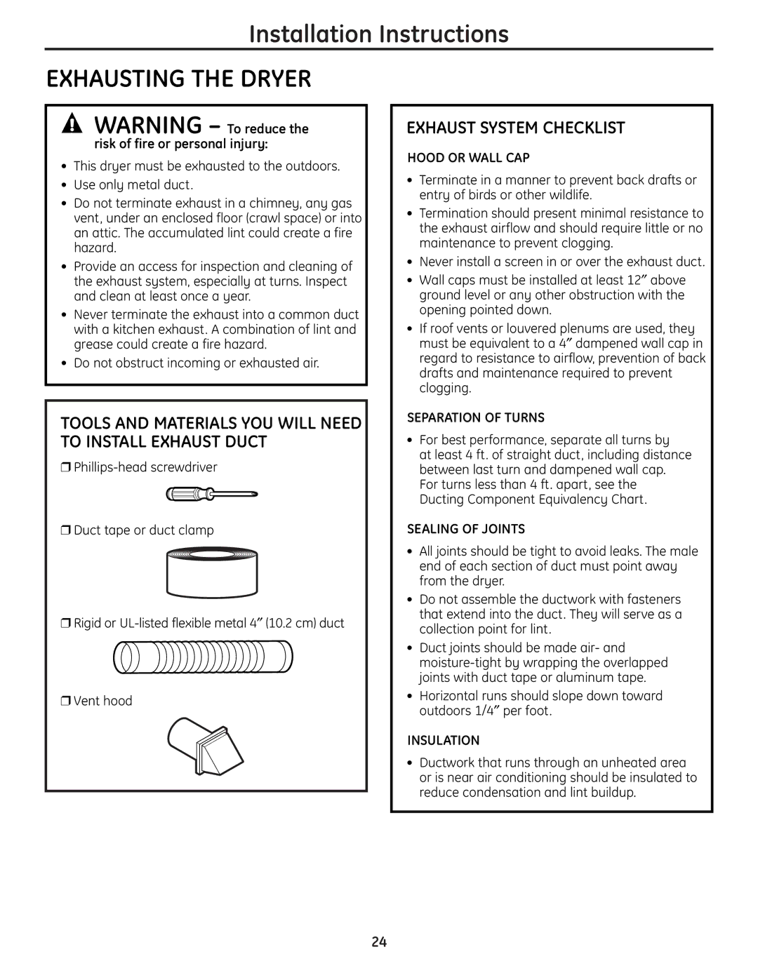 GE UPGT650 operating instructions Tools and Materials YOU will Need to Install Exhaust Duct, Exhaust System Checklist 