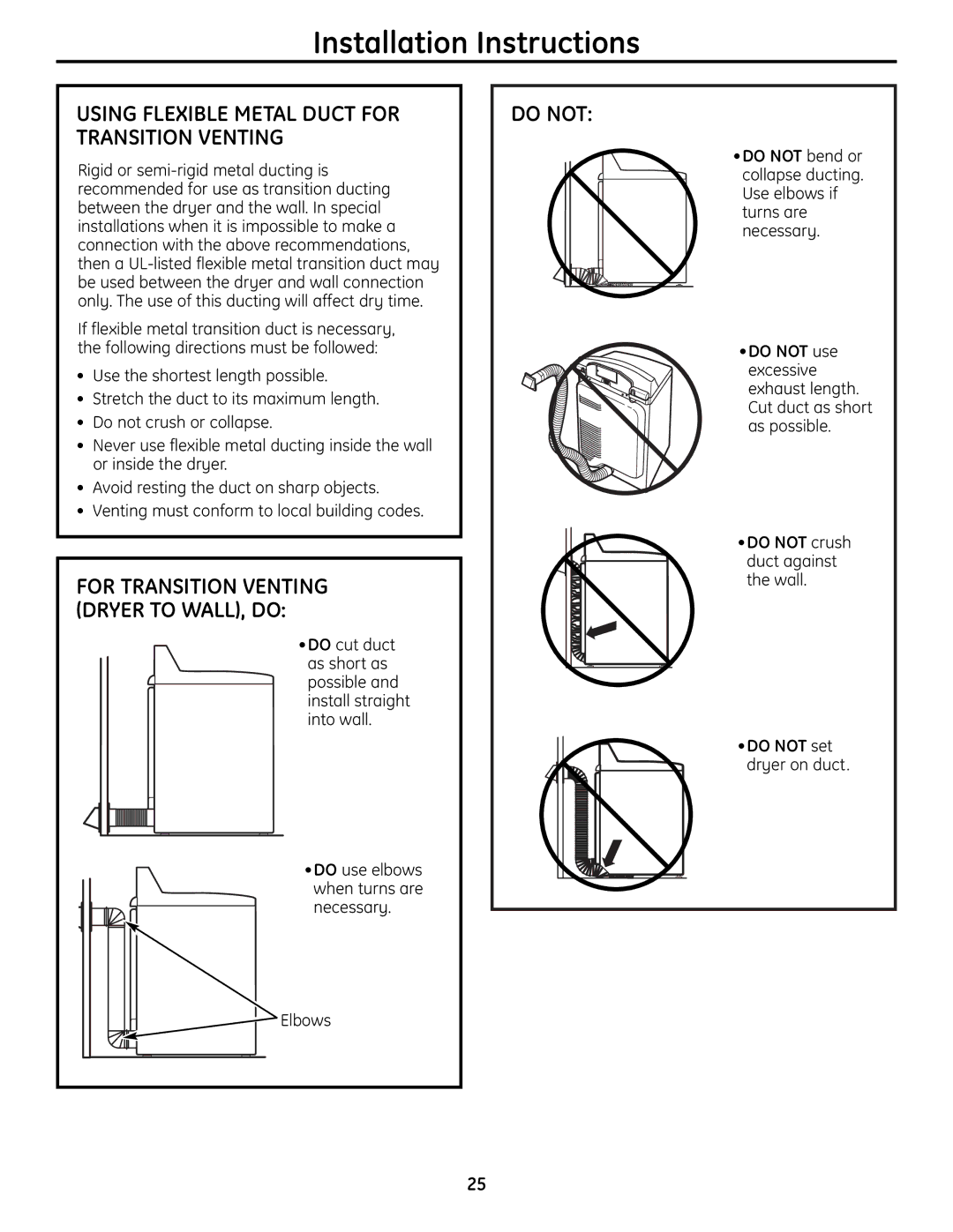 GE UPGT650 operating instructions Do not, Using Flexible Metal Duct for Transition Venting 