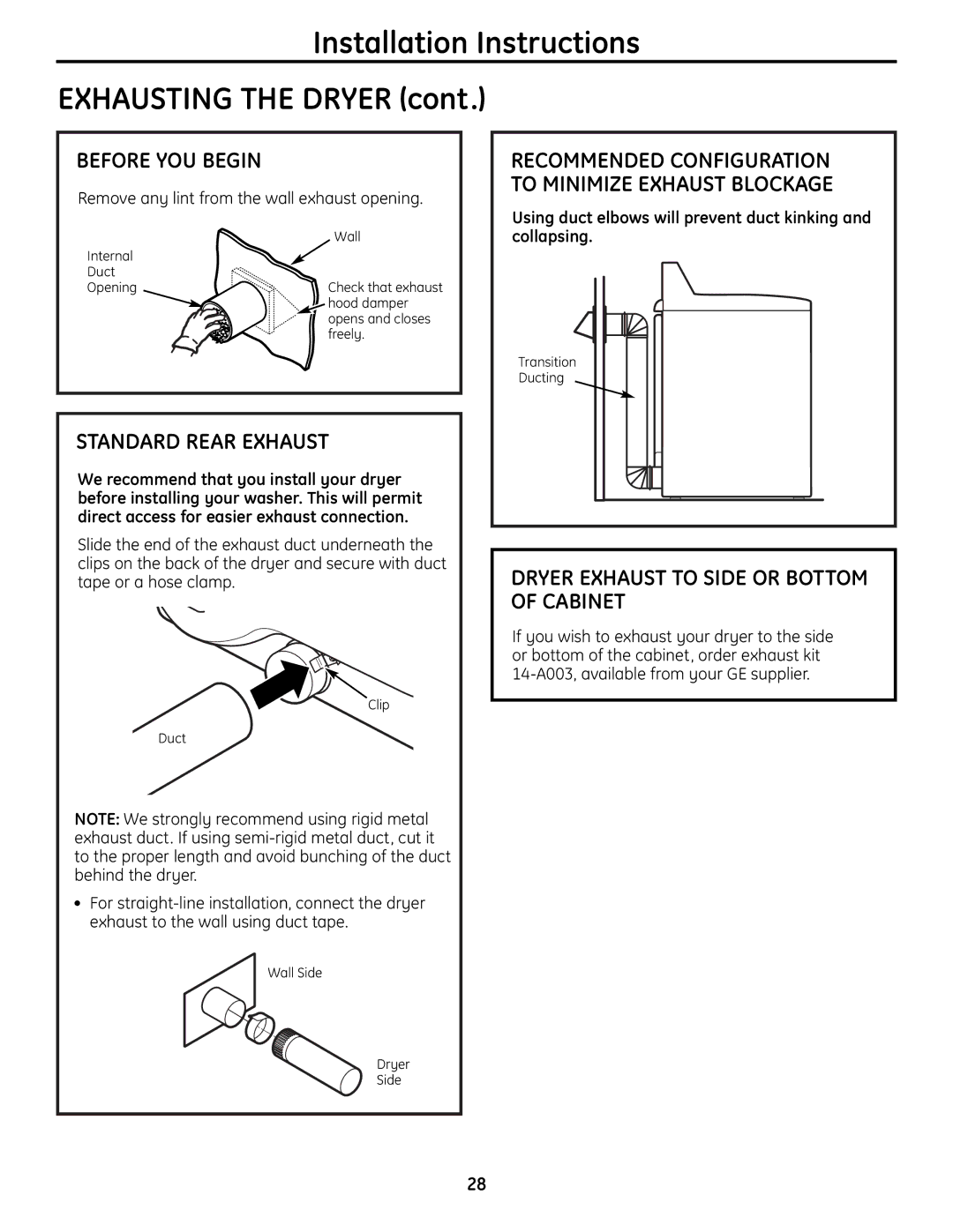 GE UPGT650 operating instructions Standard Rear Exhaust, Dryer Exhaust to Side or Bottom of Cabinet 