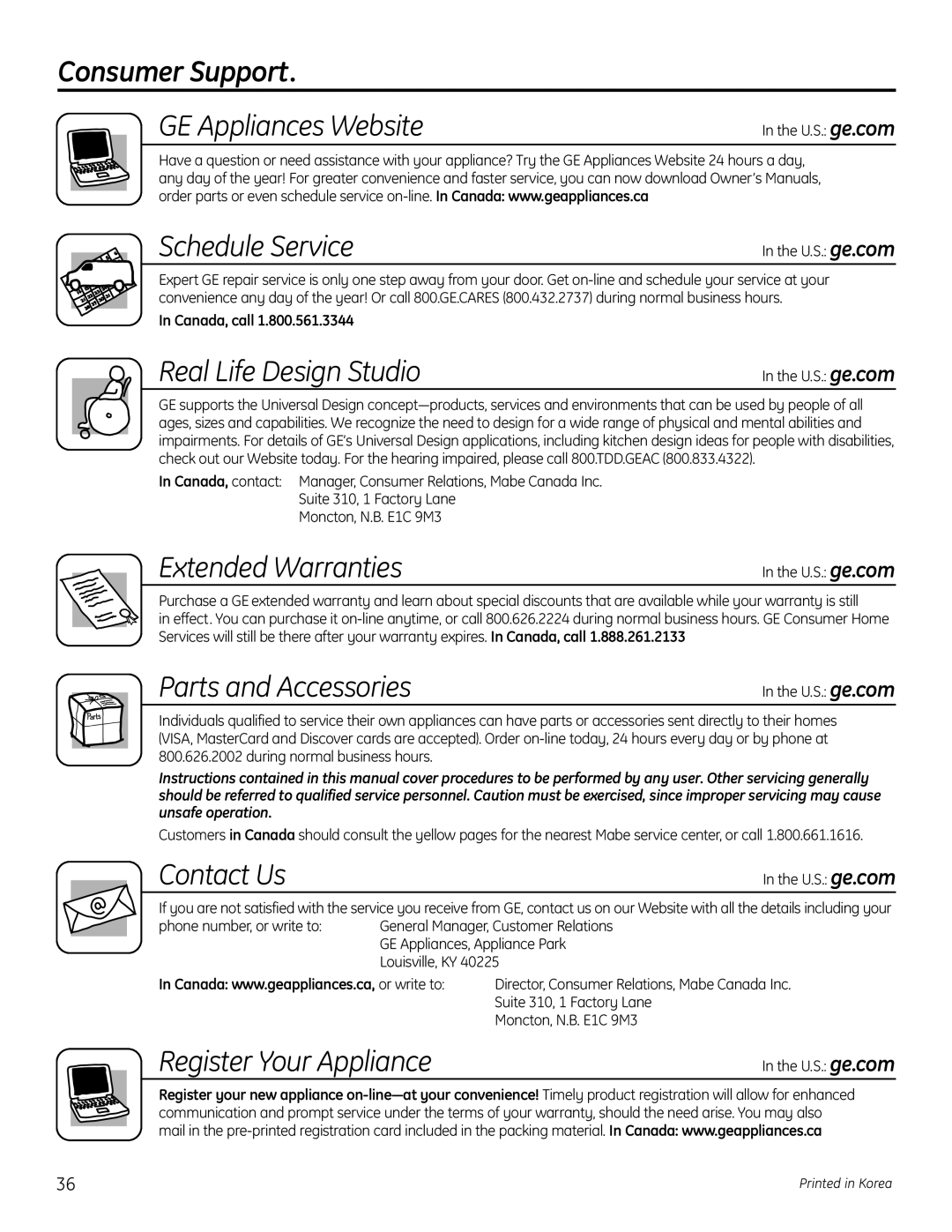 GE UPGT650 operating instructions Consumer Support, Schedule Service 