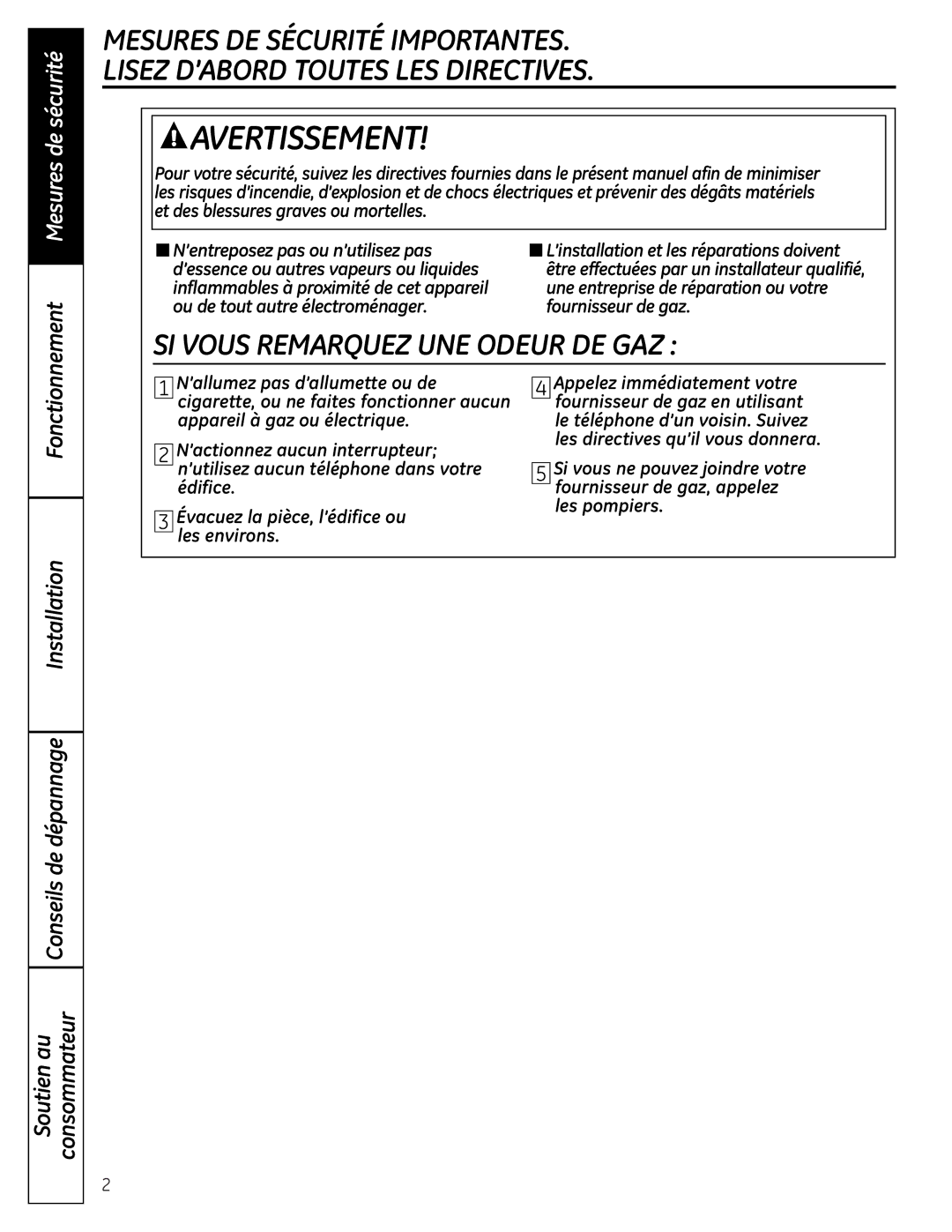 GE UPGT650 operating instructions ’essence ou autres vapeurs ou liquides, Inflammables à proximité de cet appareil 