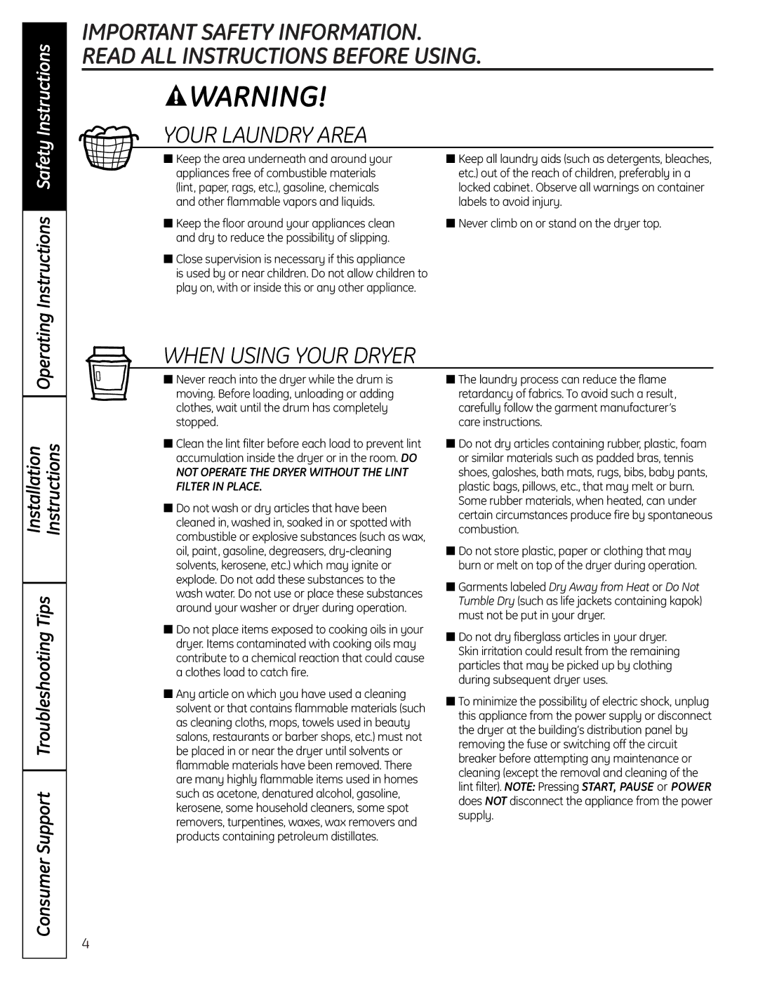 GE UPGT650 operating instructions Your Laundry Area 