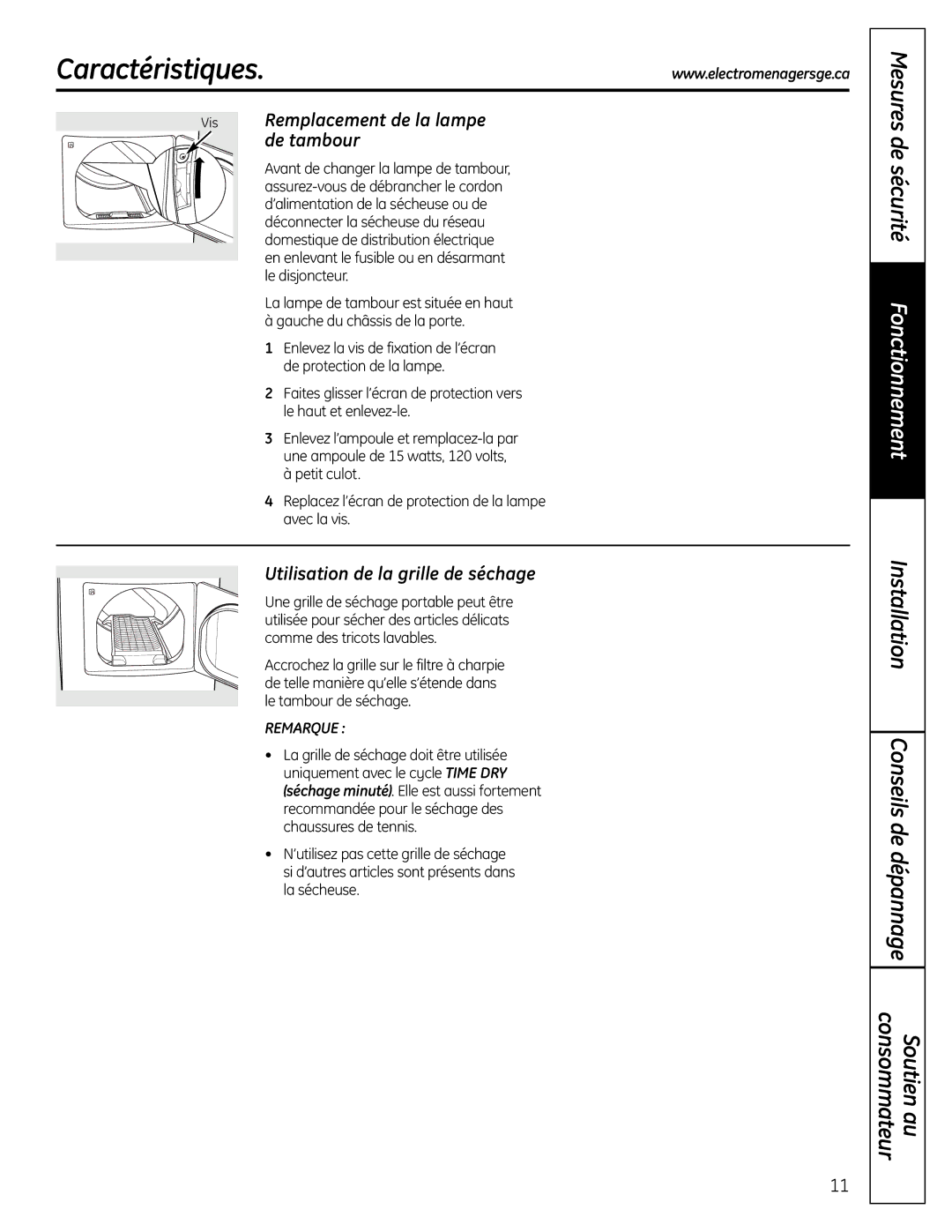 GE UPGT650 Caractéristiques, Vis Remplacement de la lampe de tambour, Utilisation de la grille de séchage 