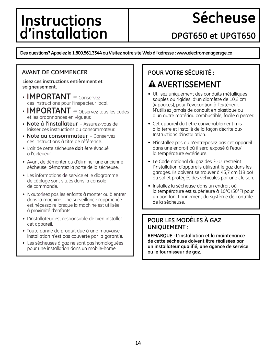 GE operating instructions DPGT650 et UPGT650, Avant DE Commencer, Pour Votre Sécurité, Pour LES Modèles À GAZ Uniquement 