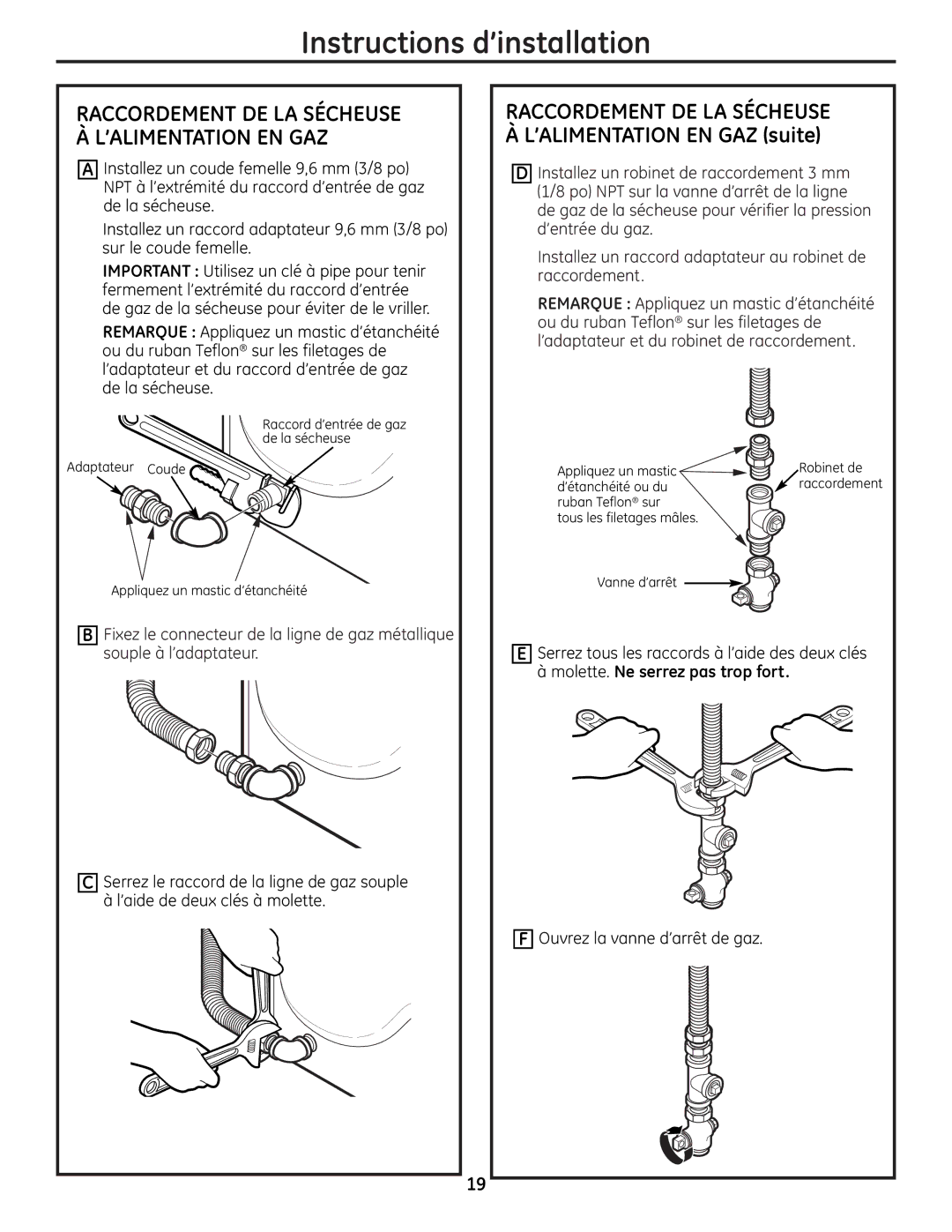 GE UPGT650 operating instructions Raccordement DE LA Sécheuse À L’ALIMENTATION EN GAZ suite 