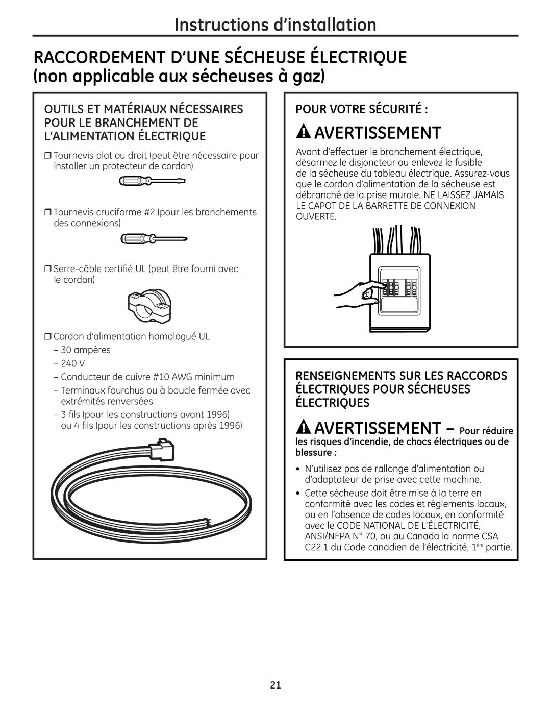 GE UPGT650 operating instructions Pour Votre Sécurité, Les risques d’incendie, de chocs électriques ou de blessure 