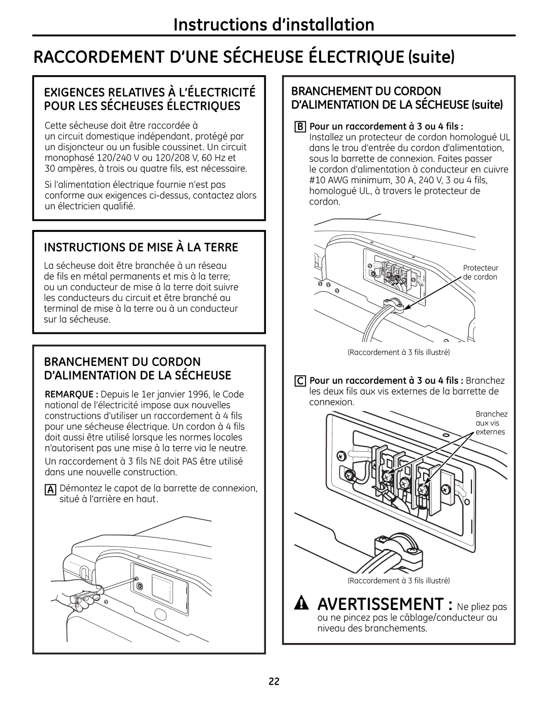 GE UPGT650 operating instructions Avertissement Ne pliez pas, Instructions DE Mise À LA Terre 