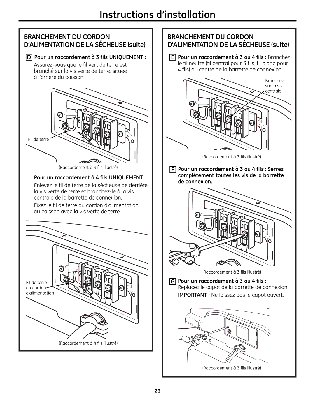 GE UPGT650 Pour un raccordement à 4 fils Uniquement, Branchement DU Cordon D’ALIMENTATION DE LA Sécheuse suite 