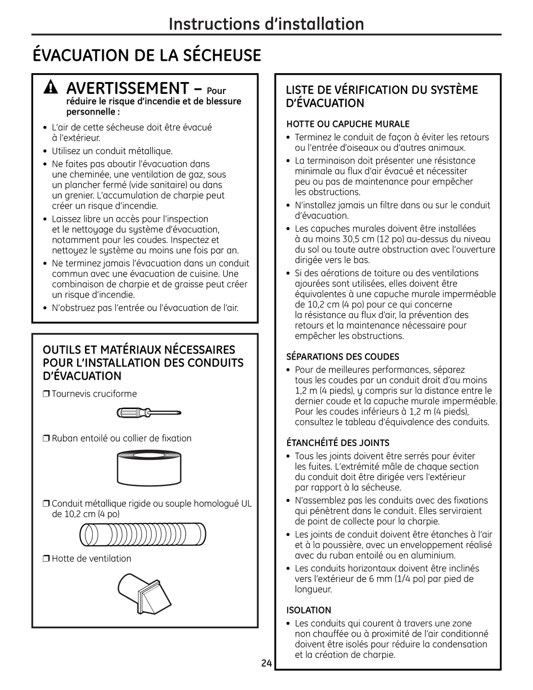 GE UPGT650 operating instructions Avertissement Pour, Liste DE Vérification DU Système D’ÉVACUATION 