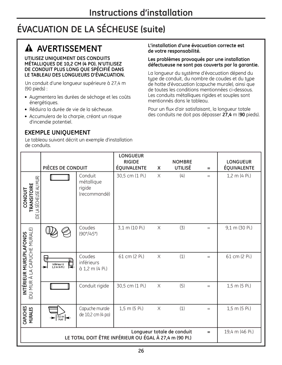 GE UPGT650 Instructions d’installation Évacuation DE LA Sécheuse suite, Exemple Uniquement, Pièces DE Conduit 