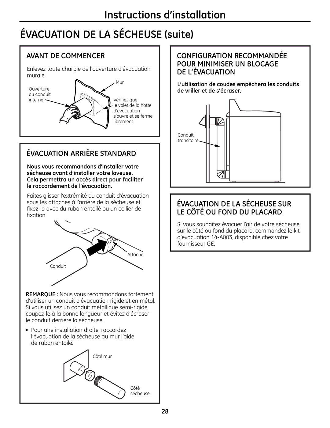 GE UPGT650 operating instructions Évacuation Arrière Standard, Évacuation DE LA Sécheuse SUR LE Côté OU Fond DU Placard 