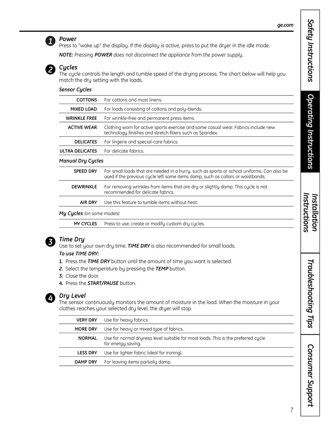 GE UPGT650 operating instructions Power, Cycles, Time Dry, Dry Level 