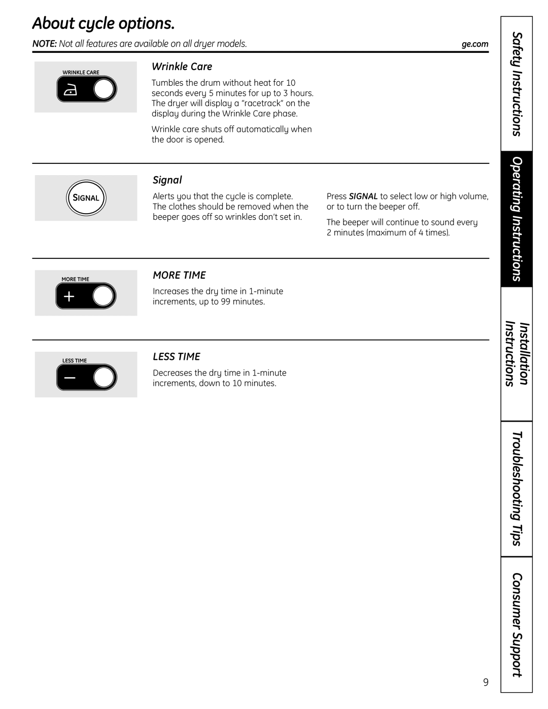 GE UPGT650 operating instructions About cycle options, Wrinkle Care, Signal 