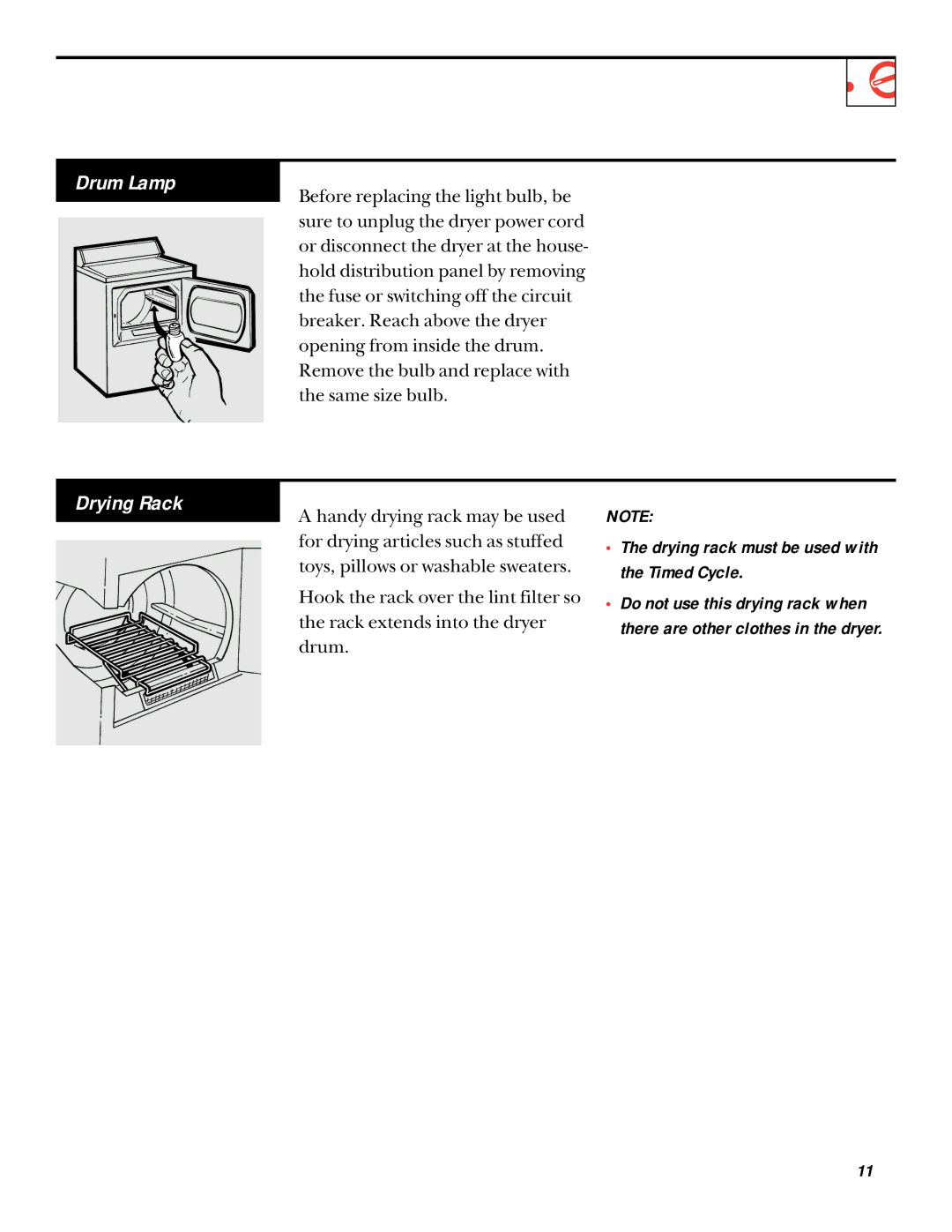 GE UPSQ495GT, UPSQ495ET operating instructions Drum Lamp, Drying Rack, Drying rack must be used with the Timed Cycle 