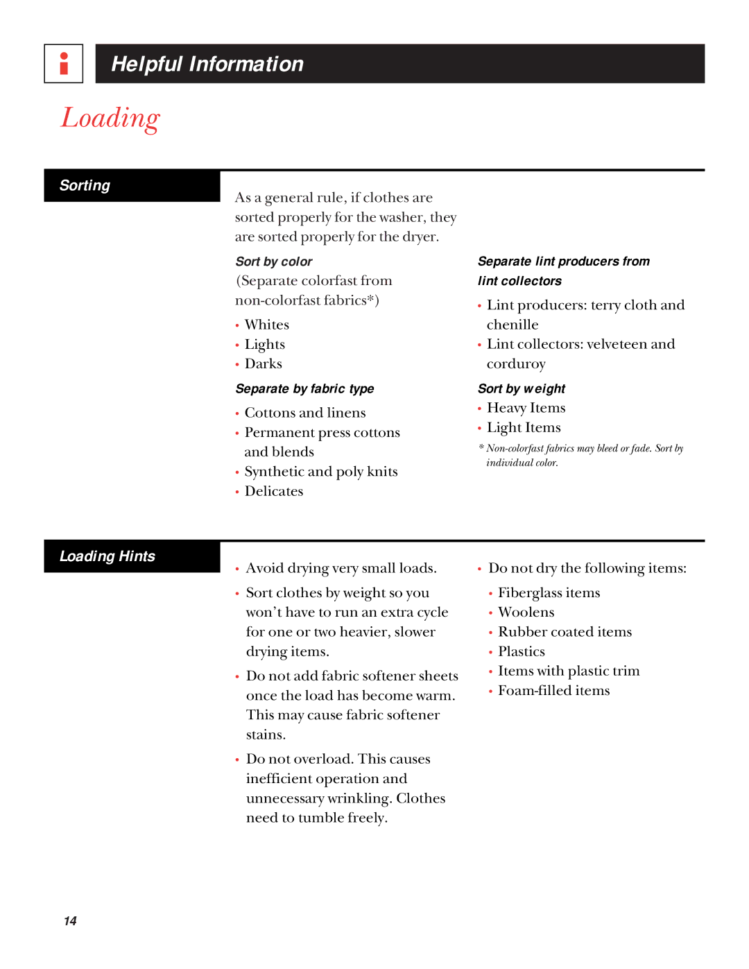 GE UPSQ495ET, UPSQ495GT operating instructions Sorting, Loading Hints 