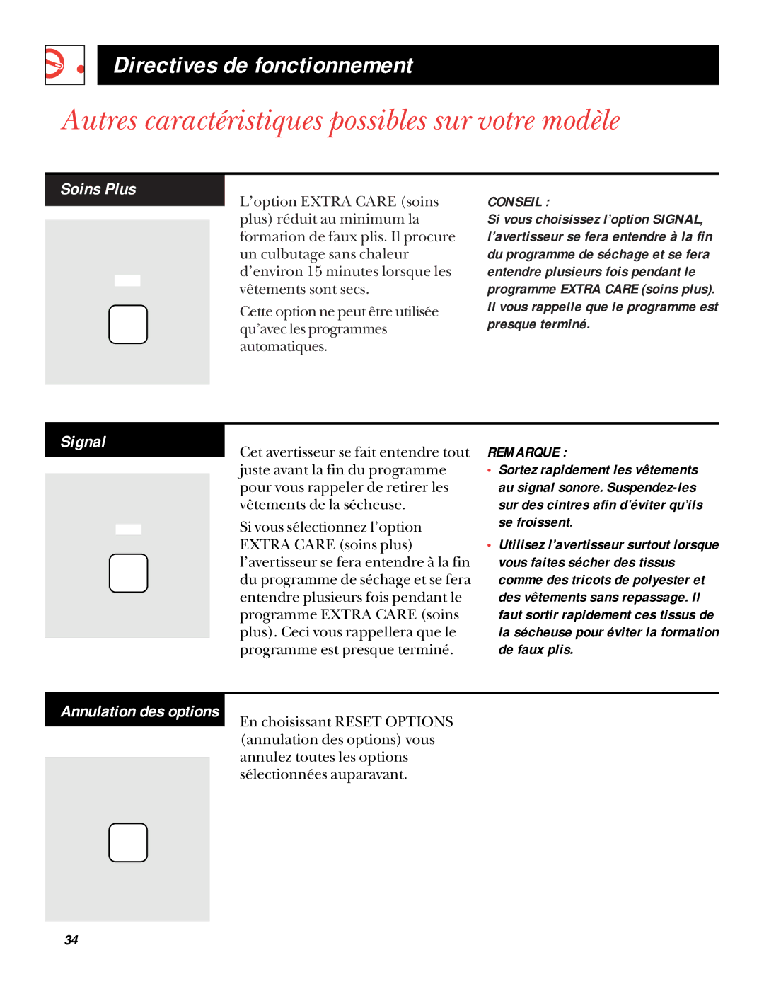 GE UPSQ495GT, UPSQ495ET Autres caractéristiques possibles sur votre modèle, Directives de fonctionnement, Soins Plus 