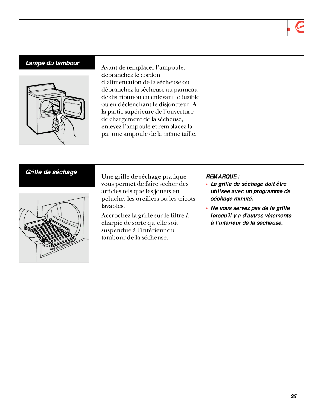 GE UPSQ495ET, UPSQ495GT operating instructions Lampe du tambour Grille de séchage 