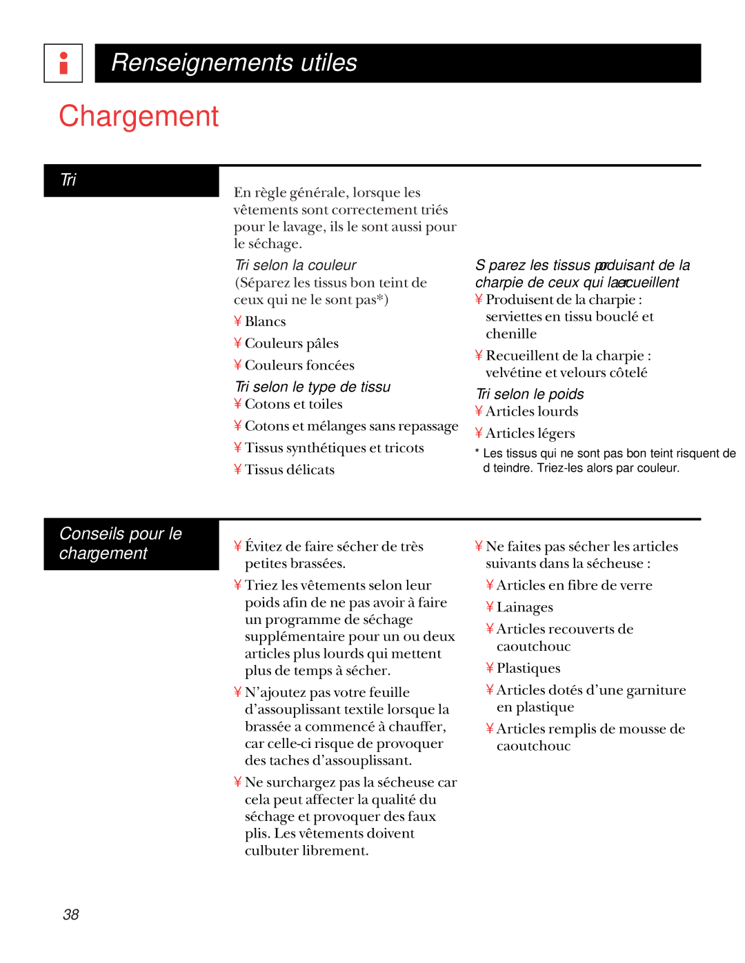 GE UPSQ495GT, UPSQ495ET operating instructions Chargement, Tri, Conseils pour le chargement 