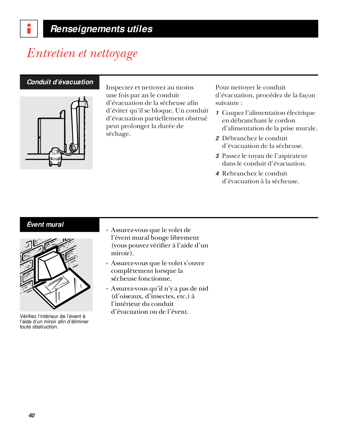 GE UPSQ495GT, UPSQ495ET operating instructions Conduit d’évacuation, Évent mural 